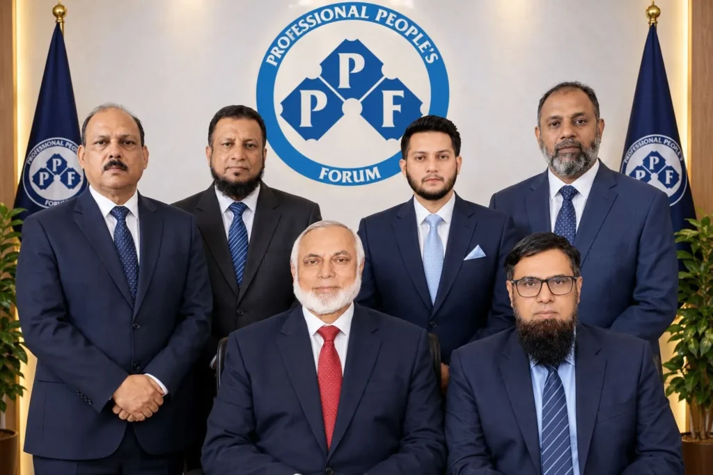 Professional People's Forum team in front of the PPF backdrop